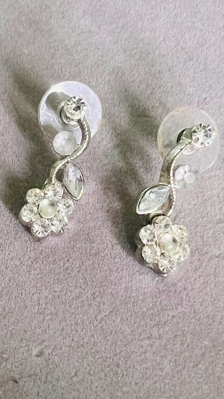 Vintage Silver-Tone Rhinestone Flower Drop Earrings